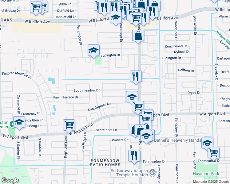 map of restaurants, bars, coffee shops, grocery stores, and more near 7710 Southmeadow Drive in Houston