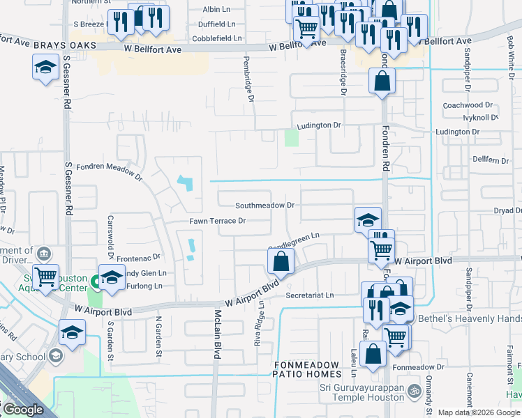 map of restaurants, bars, coffee shops, grocery stores, and more near 7902 Southmeadow Drive in Houston