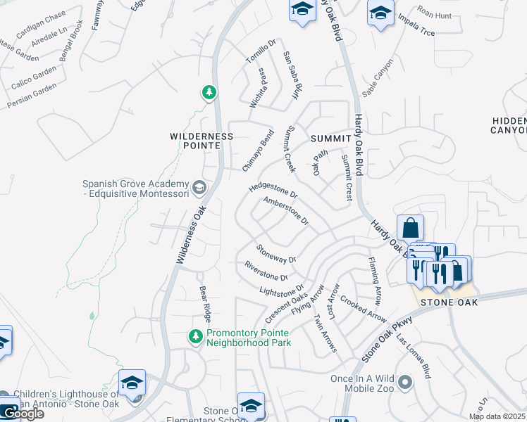 map of restaurants, bars, coffee shops, grocery stores, and more near 843 Amberstone Drive in San Antonio