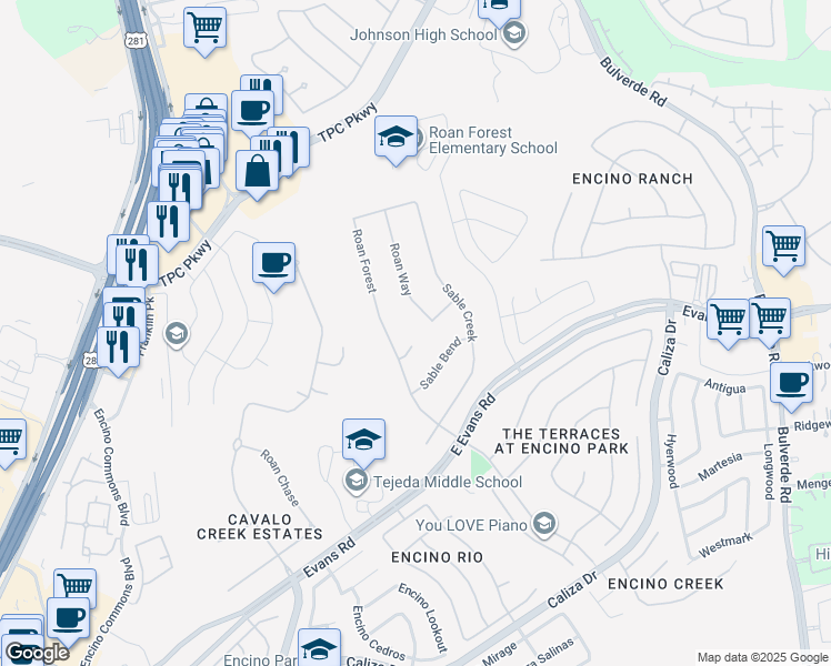 map of restaurants, bars, coffee shops, grocery stores, and more near 3207 Roan Way in San Antonio