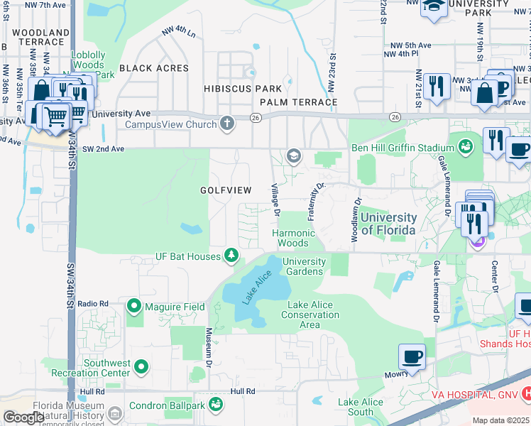 map of restaurants, bars, coffee shops, grocery stores, and more near 286 Corry Village in Gainesville