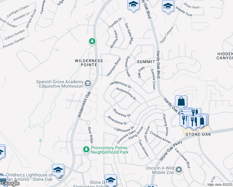 map of restaurants, bars, coffee shops, grocery stores, and more near 843 Amberstone Drive in San Antonio