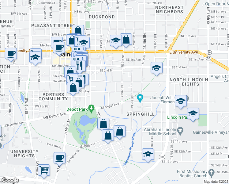 map of restaurants, bars, coffee shops, grocery stores, and more near 600 Southeast 5th Avenue in Gainesville