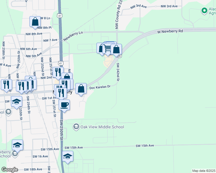 map of restaurants, bars, coffee shops, grocery stores, and more near 24206 Doc Karelas Drive in Newberry
