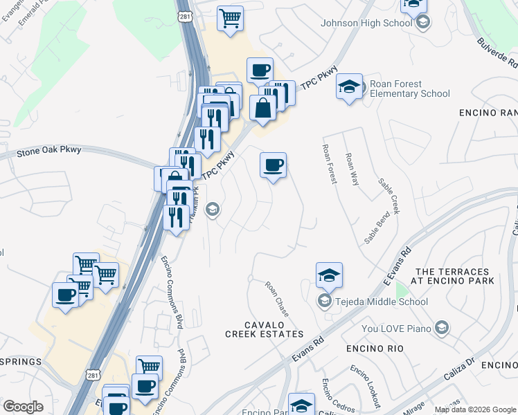 map of restaurants, bars, coffee shops, grocery stores, and more near 22107 Tower Terrace in San Antonio