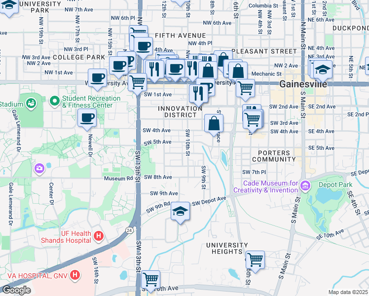 map of restaurants, bars, coffee shops, grocery stores, and more near 504 Southwest 10th Street in Gainesville