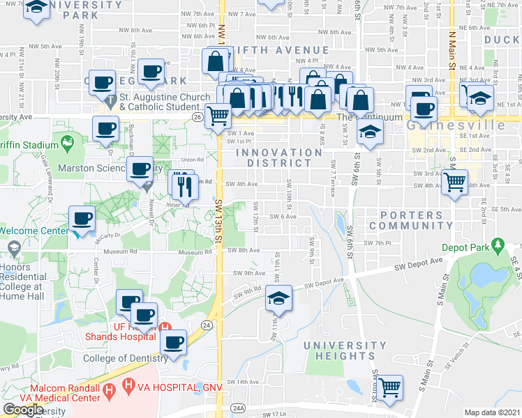 map of restaurants, bars, coffee shops, grocery stores, and more near 1119 Southwest 5th Avenue in Gainesville