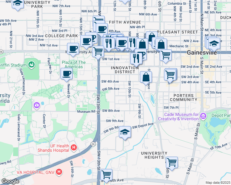map of restaurants, bars, coffee shops, grocery stores, and more near 1119 Southwest 5th Avenue in Gainesville