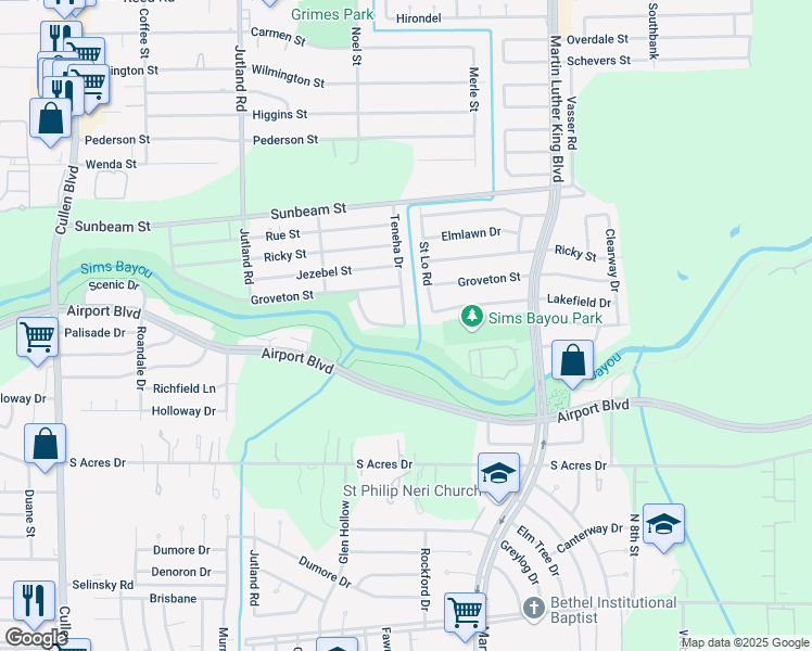 map of restaurants, bars, coffee shops, grocery stores, and more near 5449 Colt Street in Houston
