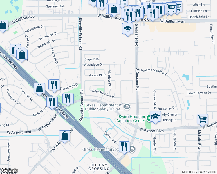 map of restaurants, bars, coffee shops, grocery stores, and more near 12014 Meadow Place Drive in Houston