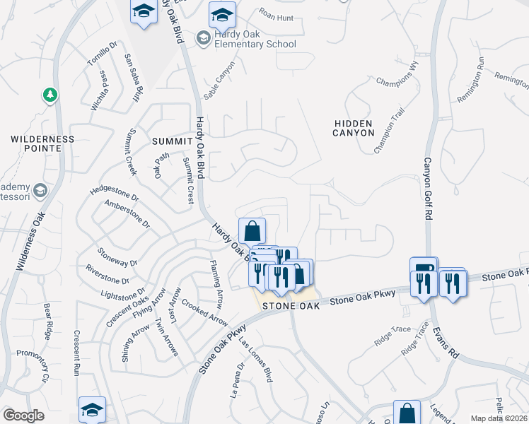 map of restaurants, bars, coffee shops, grocery stores, and more near 227 Canyon View Run in San Antonio
