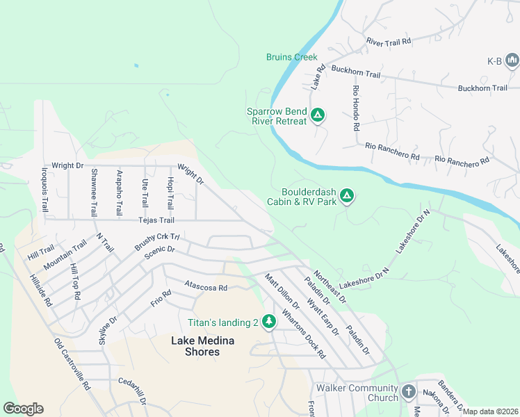 map of restaurants, bars, coffee shops, grocery stores, and more near 544 Oak Lawn Drive in Bandera