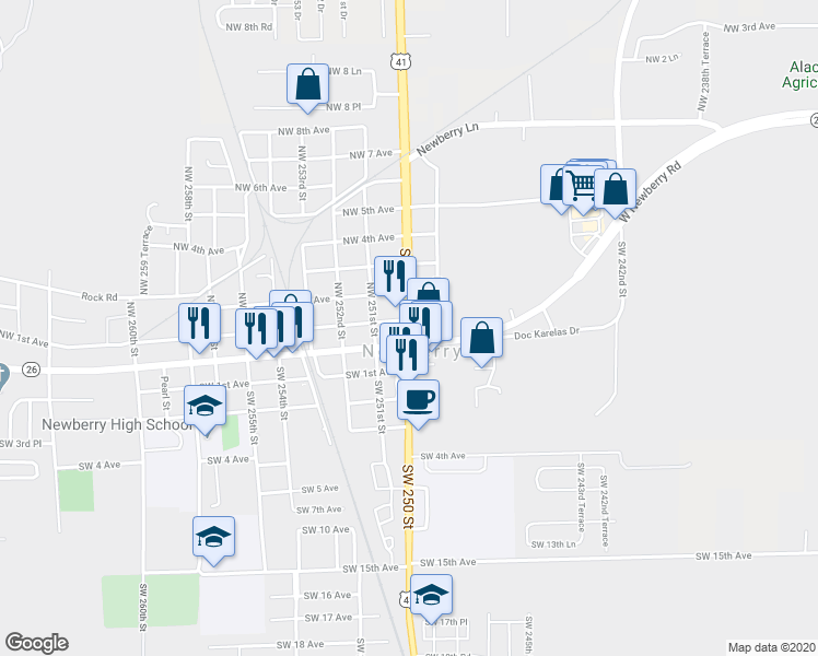 map of restaurants, bars, coffee shops, grocery stores, and more near North Main Street in Newberry