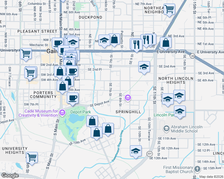 map of restaurants, bars, coffee shops, grocery stores, and more near 422 Southeast 8th Street in Gainesville