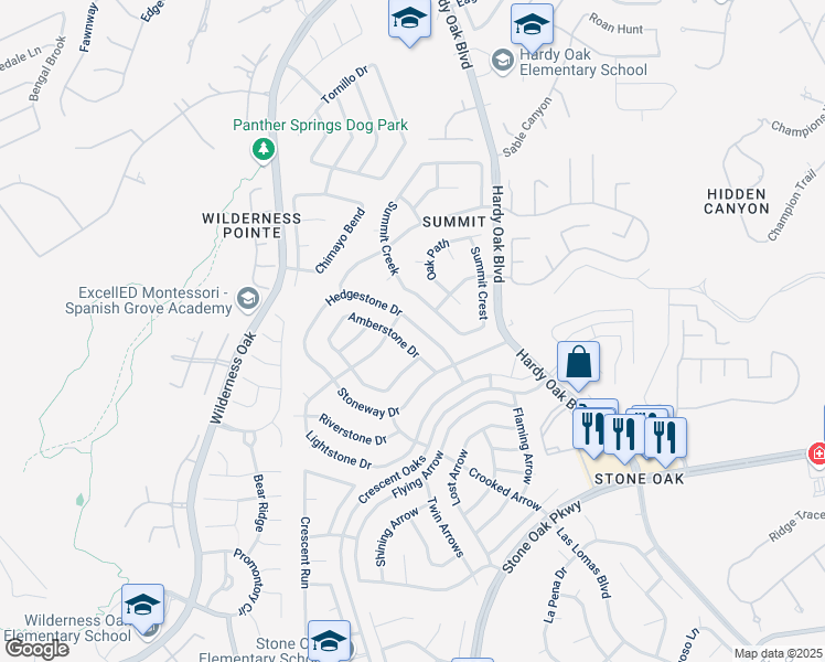 map of restaurants, bars, coffee shops, grocery stores, and more near 1115 Hedgestone Drive in San Antonio