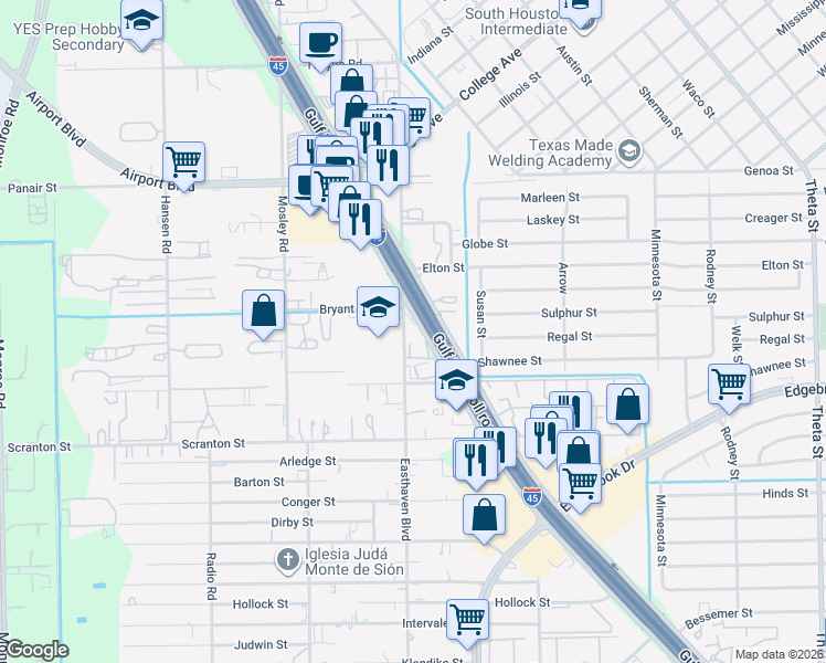 map of restaurants, bars, coffee shops, grocery stores, and more near 10000 Gulf Freeway in Houston