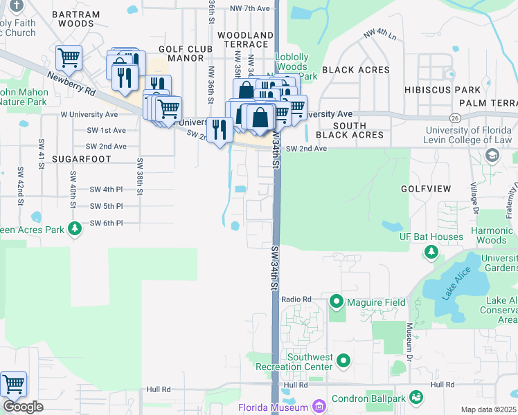 map of restaurants, bars, coffee shops, grocery stores, and more near 500 Southwest 34th Street in Gainesville