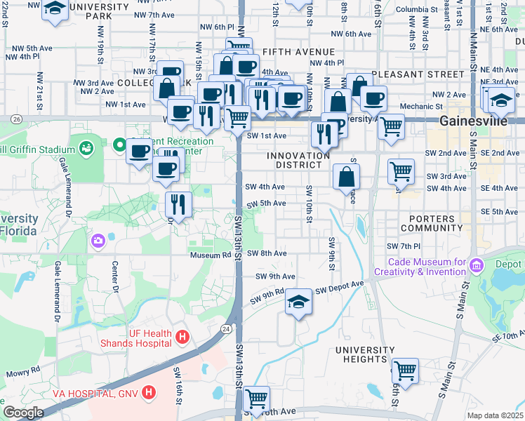 map of restaurants, bars, coffee shops, grocery stores, and more near 1221 Southwest 5th Avenue in Gainesville