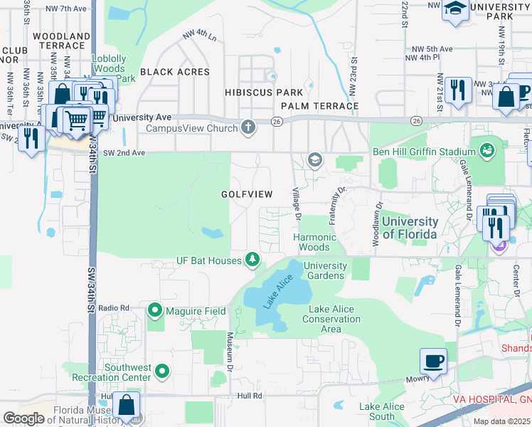 map of restaurants, bars, coffee shops, grocery stores, and more near 276 Corry Village in Gainesville