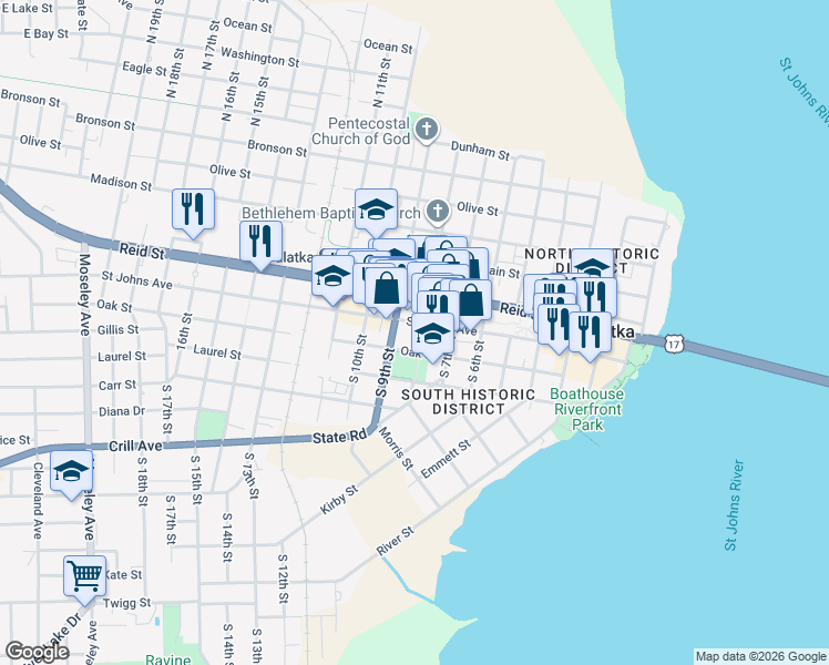 map of restaurants, bars, coffee shops, grocery stores, and more near 809 Saint Johns Avenue in Palatka