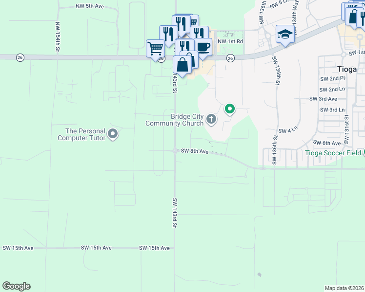 map of restaurants, bars, coffee shops, grocery stores, and more near 521 Southwest 143 Street in Newberry