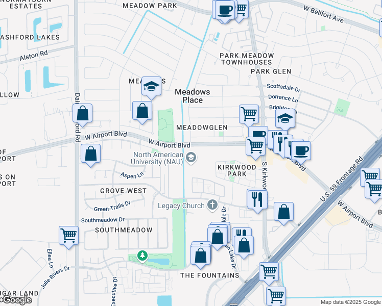map of restaurants, bars, coffee shops, grocery stores, and more near 11919 West Airport Boulevard in Stafford