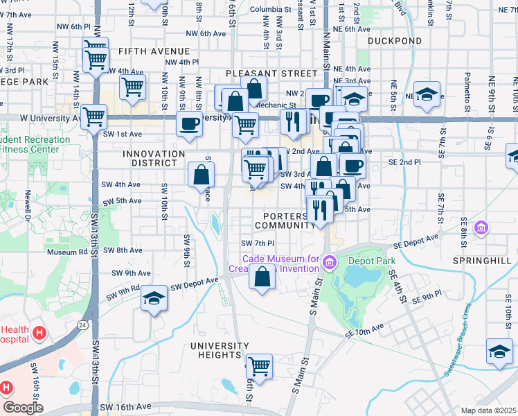 map of restaurants, bars, coffee shops, grocery stores, and more near 332 Southwest 5th Avenue in Gainesville
