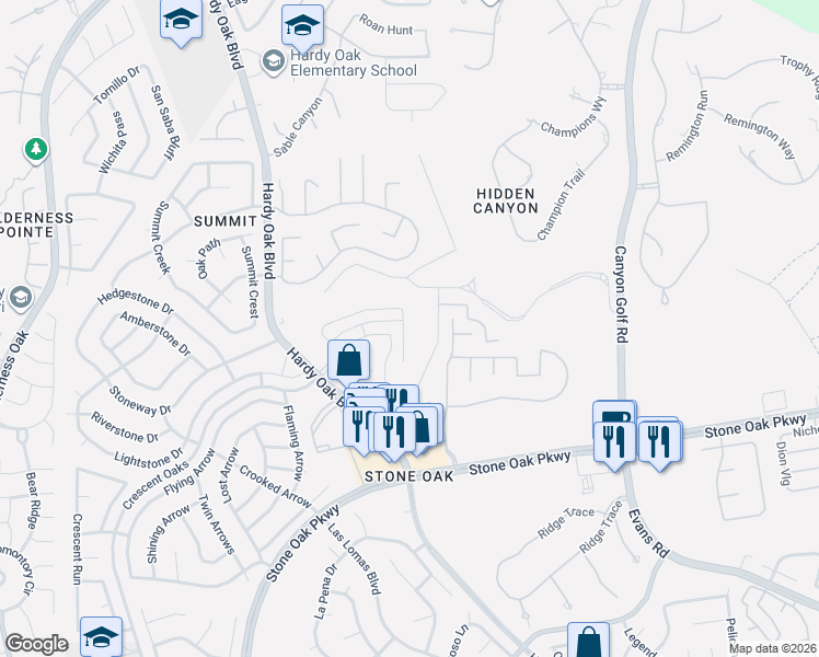 map of restaurants, bars, coffee shops, grocery stores, and more near 323 Canyon View Run in San Antonio