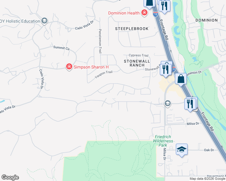 map of restaurants, bars, coffee shops, grocery stores, and more near 611 Hookberry Trail in San Antonio