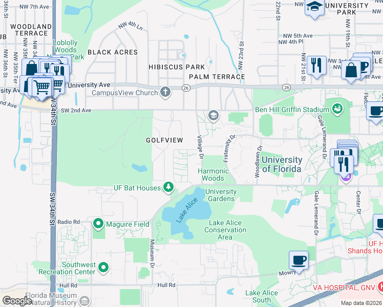 map of restaurants, bars, coffee shops, grocery stores, and more near 278 Corry Village in Gainesville