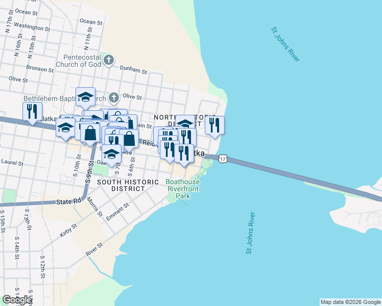 map of restaurants, bars, coffee shops, grocery stores, and more near in Palatka