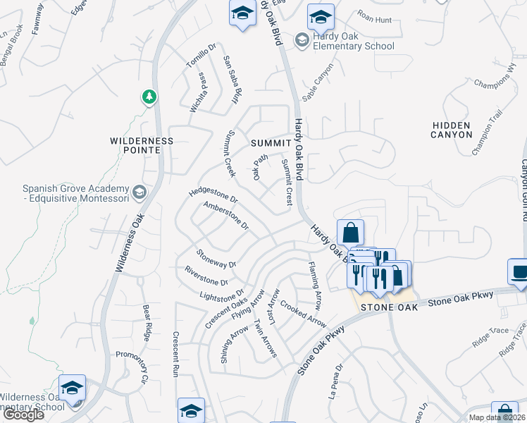 map of restaurants, bars, coffee shops, grocery stores, and more near 25114 Summit Creek in San Antonio