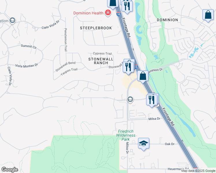 map of restaurants, bars, coffee shops, grocery stores, and more near 218 Aster Trail in San Antonio