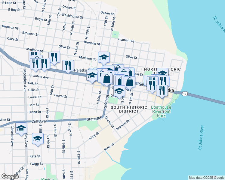 map of restaurants, bars, coffee shops, grocery stores, and more near 809 Saint Johns Avenue in Palatka