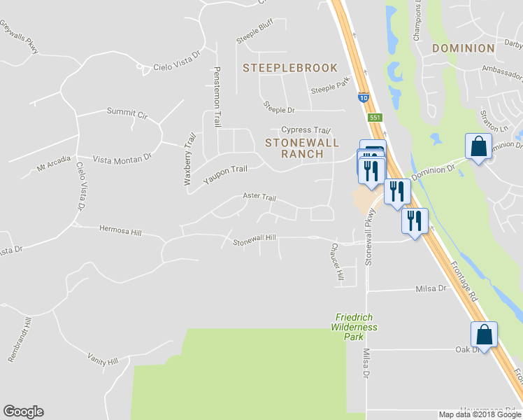 map of restaurants, bars, coffee shops, grocery stores, and more near 47 Blue Thorn Trail in San Antonio