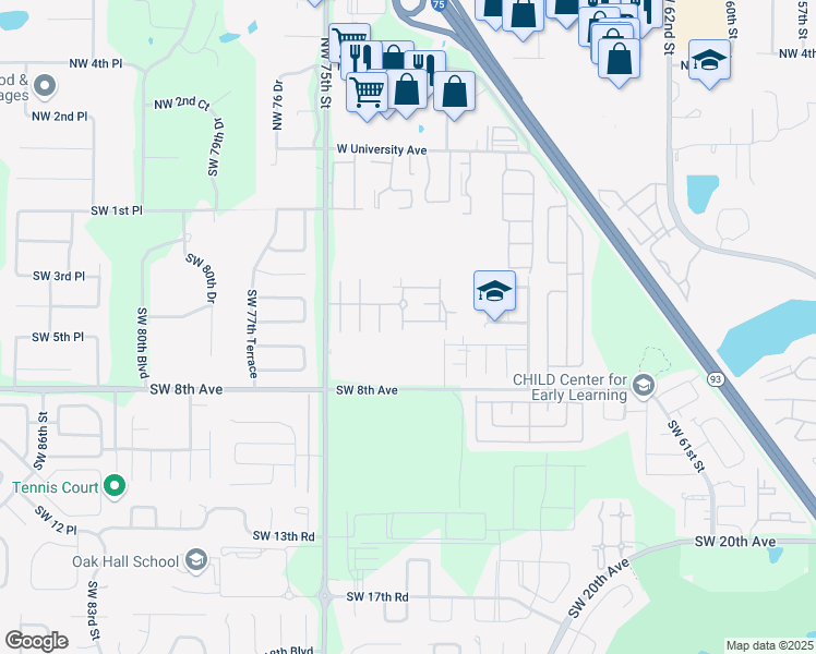 map of restaurants, bars, coffee shops, grocery stores, and more near 7174 Southwest 5th Road in Gainesville