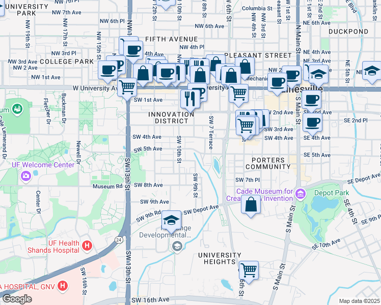 map of restaurants, bars, coffee shops, grocery stores, and more near 911 Southwest 5th Avenue in Gainesville
