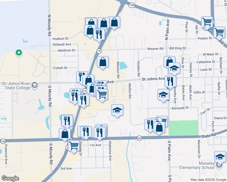 map of restaurants, bars, coffee shops, grocery stores, and more near 3801 Saint Johns Avenue in Palatka