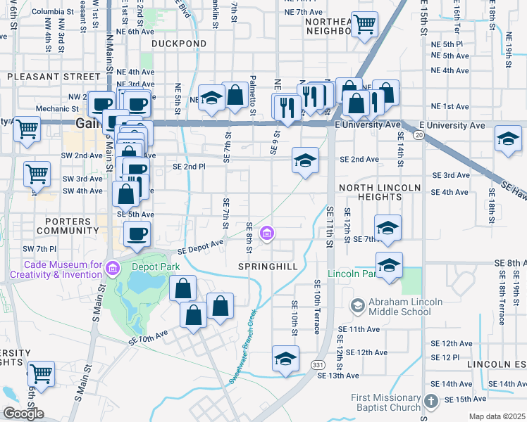 map of restaurants, bars, coffee shops, grocery stores, and more near 814 Southeast 5th Avenue in Gainesville