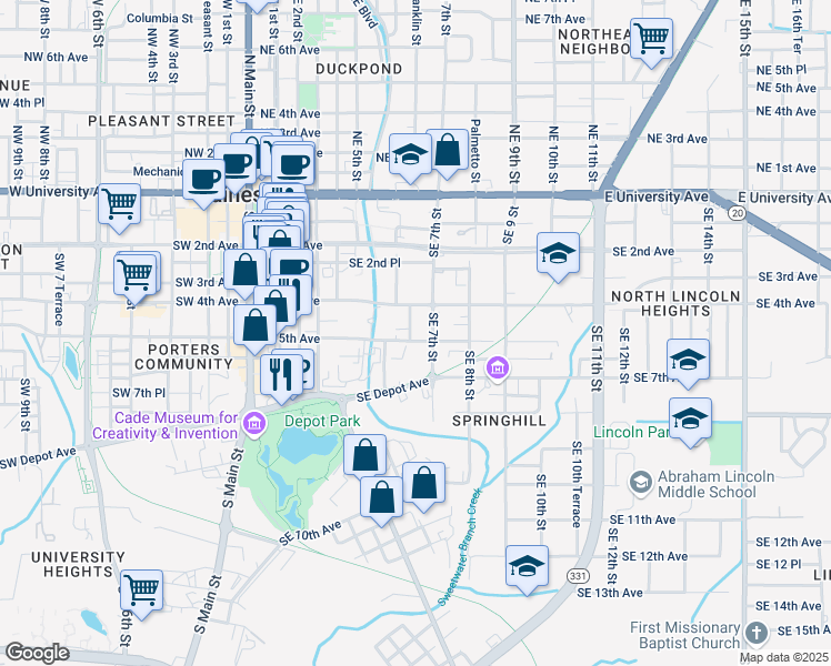 map of restaurants, bars, coffee shops, grocery stores, and more near 600-634 Southeast 5th Avenue in Gainesville