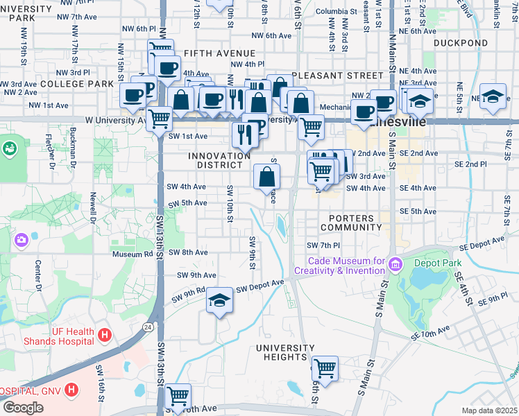 map of restaurants, bars, coffee shops, grocery stores, and more near 849 Southwest 5th Avenue in Gainesville