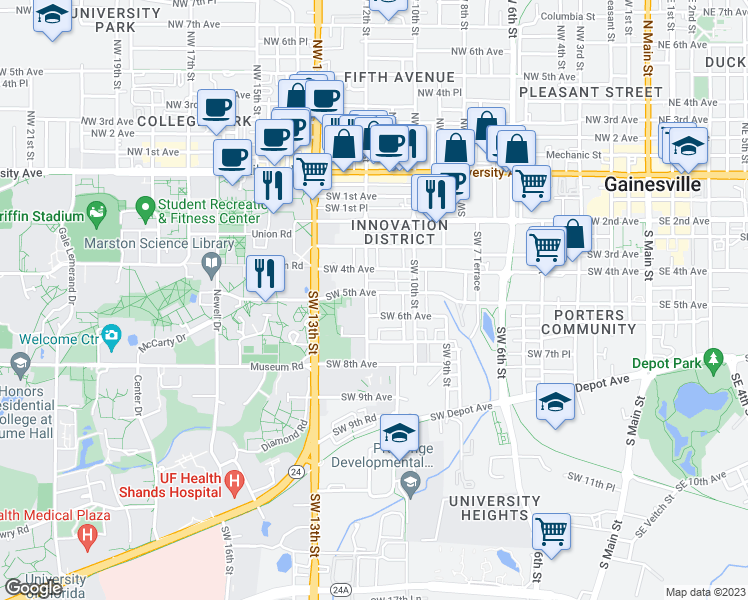map of restaurants, bars, coffee shops, grocery stores, and more near 1119 Southwest 5th Avenue in Gainesville