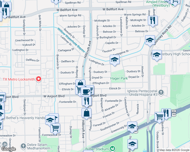 map of restaurants, bars, coffee shops, grocery stores, and more near 5851 Duxbury Street in Houston