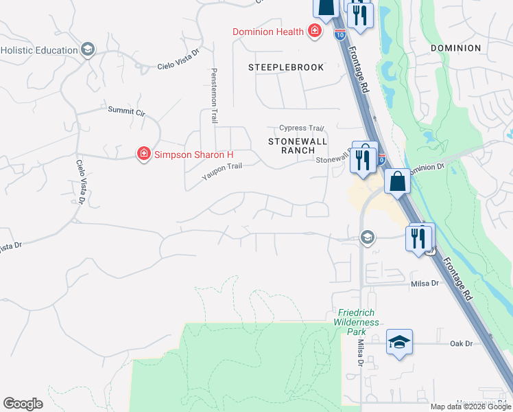 map of restaurants, bars, coffee shops, grocery stores, and more near 207 Blue Sage Trail in San Antonio