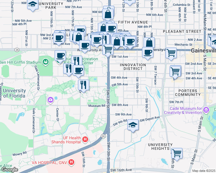 map of restaurants, bars, coffee shops, grocery stores, and more near SW 13th St & Inner Rd in Gainesville