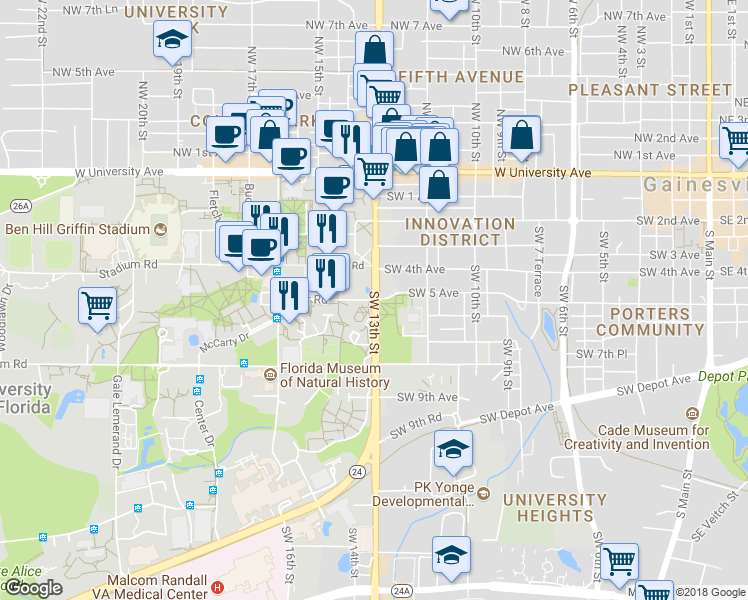 map of restaurants, bars, coffee shops, grocery stores, and more near SW 13th St & Inner Rd in Gainesville