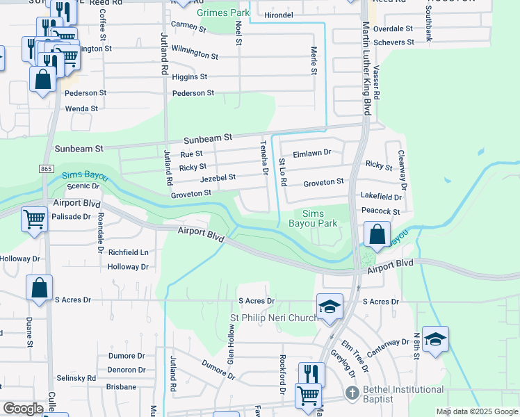 map of restaurants, bars, coffee shops, grocery stores, and more near 5449 Colt Street in Houston