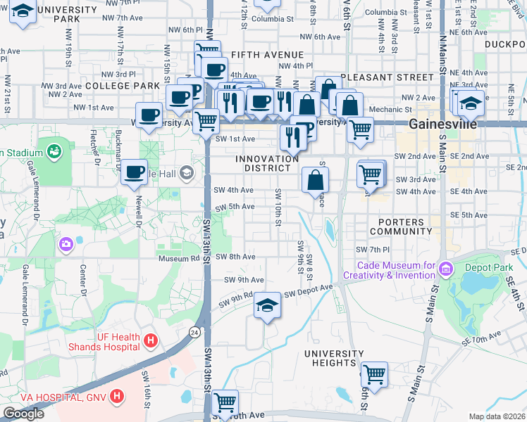 map of restaurants, bars, coffee shops, grocery stores, and more near 1119 Southwest 5th Avenue in Gainesville
