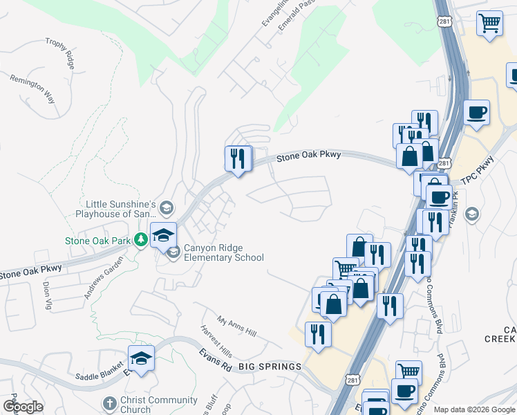 map of restaurants, bars, coffee shops, grocery stores, and more near 3 Bryce Canyon in San Antonio
