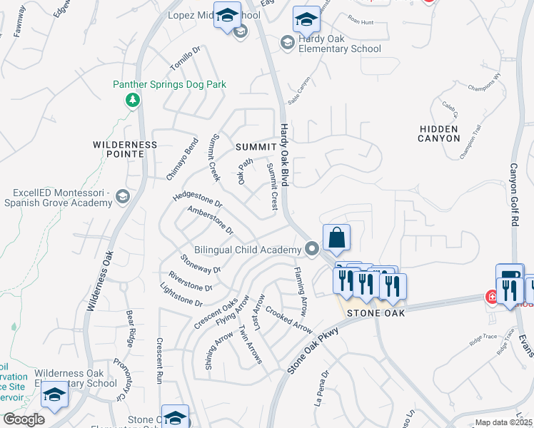 map of restaurants, bars, coffee shops, grocery stores, and more near 25135 Summit Creek in San Antonio